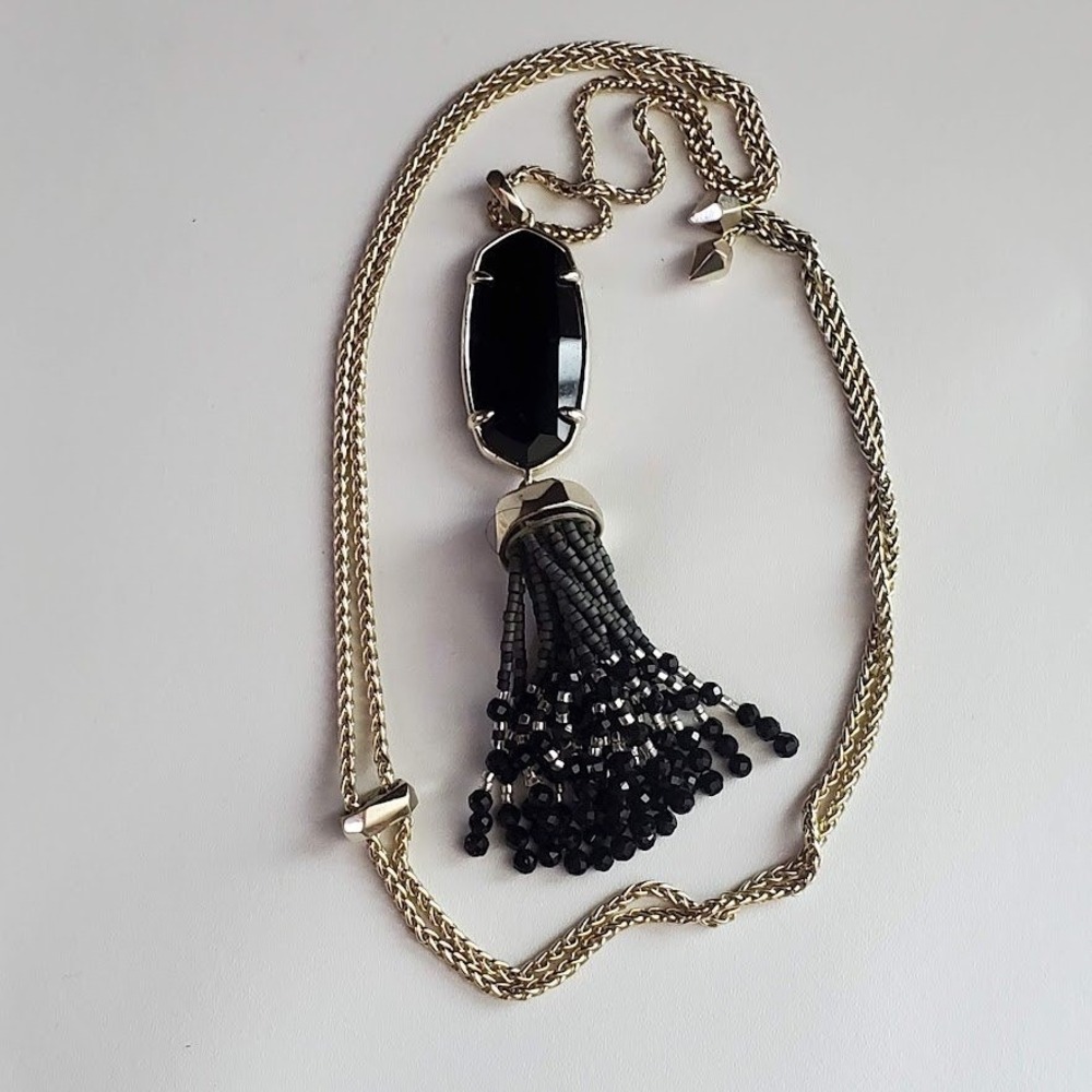 Kendra Scott Eva Gold Long Tassel Necklace Black Opaque Glass Beaded Pendant - Picture 5 of 9